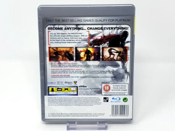 Parte trasera de Prototype (UK) (Platinum) para PlayStation 3, edición PAL UK
