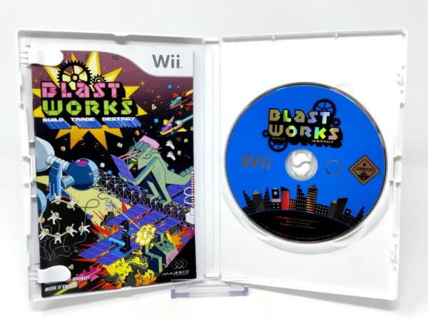Interior del juego Blast Works: Build, Trade, Destroy (ESP) para Nintendo Wii con disco y manual