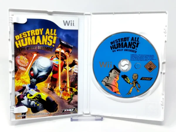 Interior del juego Destroy All Humans!: ¡Big Willy Desatado! (ESP) para Nintendo Wii con disco y manual