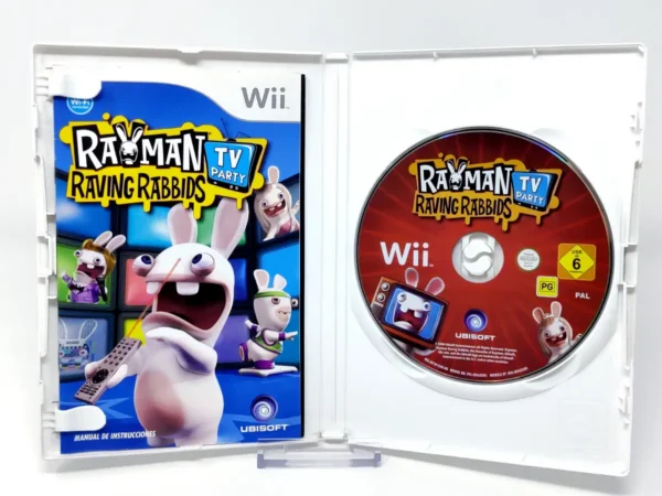 Interior del juego Rayman Raving Rabbids TV Party (ESP) para Nintendo Wii con disco y manual