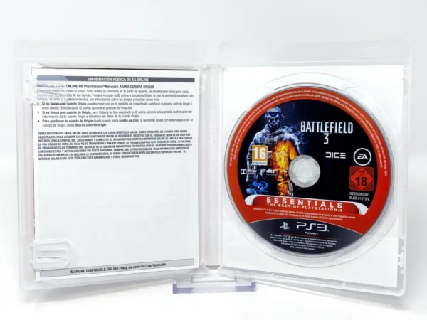 Interior del juego Battlefield 3 (ESP) (Essentials) para PlayStation 3 con disco y manual