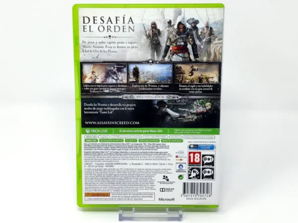 Parte trasera de Assassin’s Creed IV: Black Flag (ESP) para XBOX 360, edición PAL España