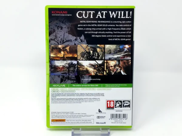 Parte trasera de Metal Gear Rising: Revengeance (UK) para XBOX 360, edición PAL UK