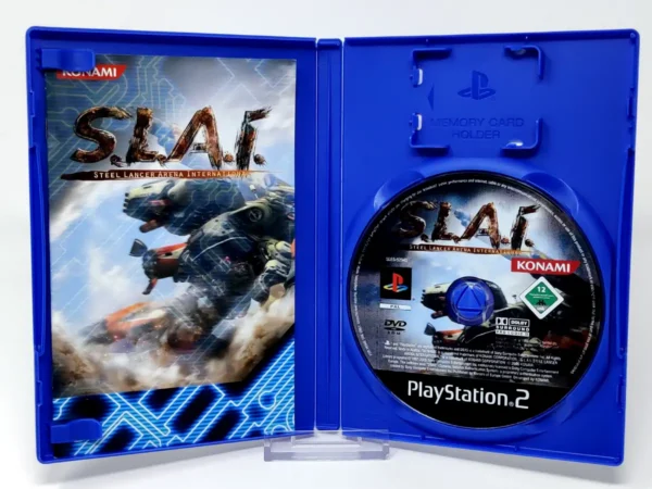 Interior del juego S.L.A.I.: Steel Lancer Arena International (FRA) para PlayStation 2 con disco y manual