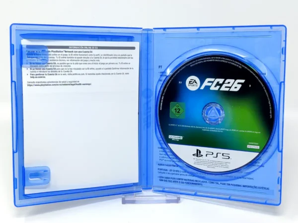 Interior del juego EA Sports FC 26 (ESP) para PlayStation 5 con disco y manual