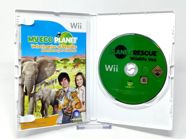 Interior del juego My Eco Planet Veterinarios al Rescate (ESP) para Nintendo Wii con disco y manual